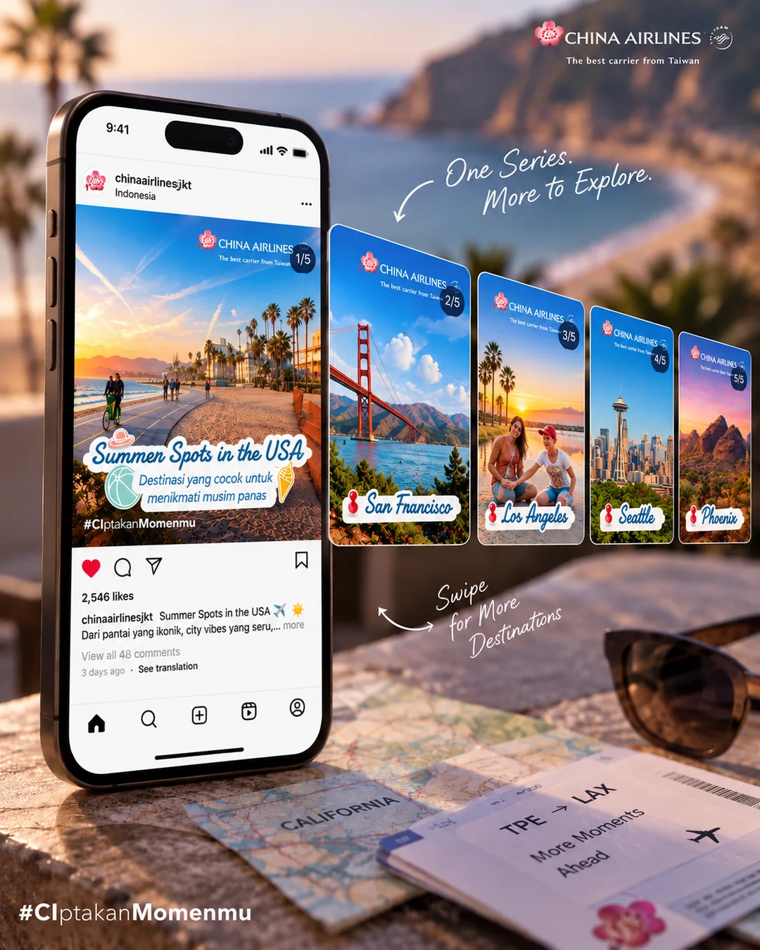 A China Airlines Instagram carousel, &lsquo;Summer Spots in the USA&rsquo;, with swipe cards for San Francisco, Los Angeles, Seattle and Phoenix.