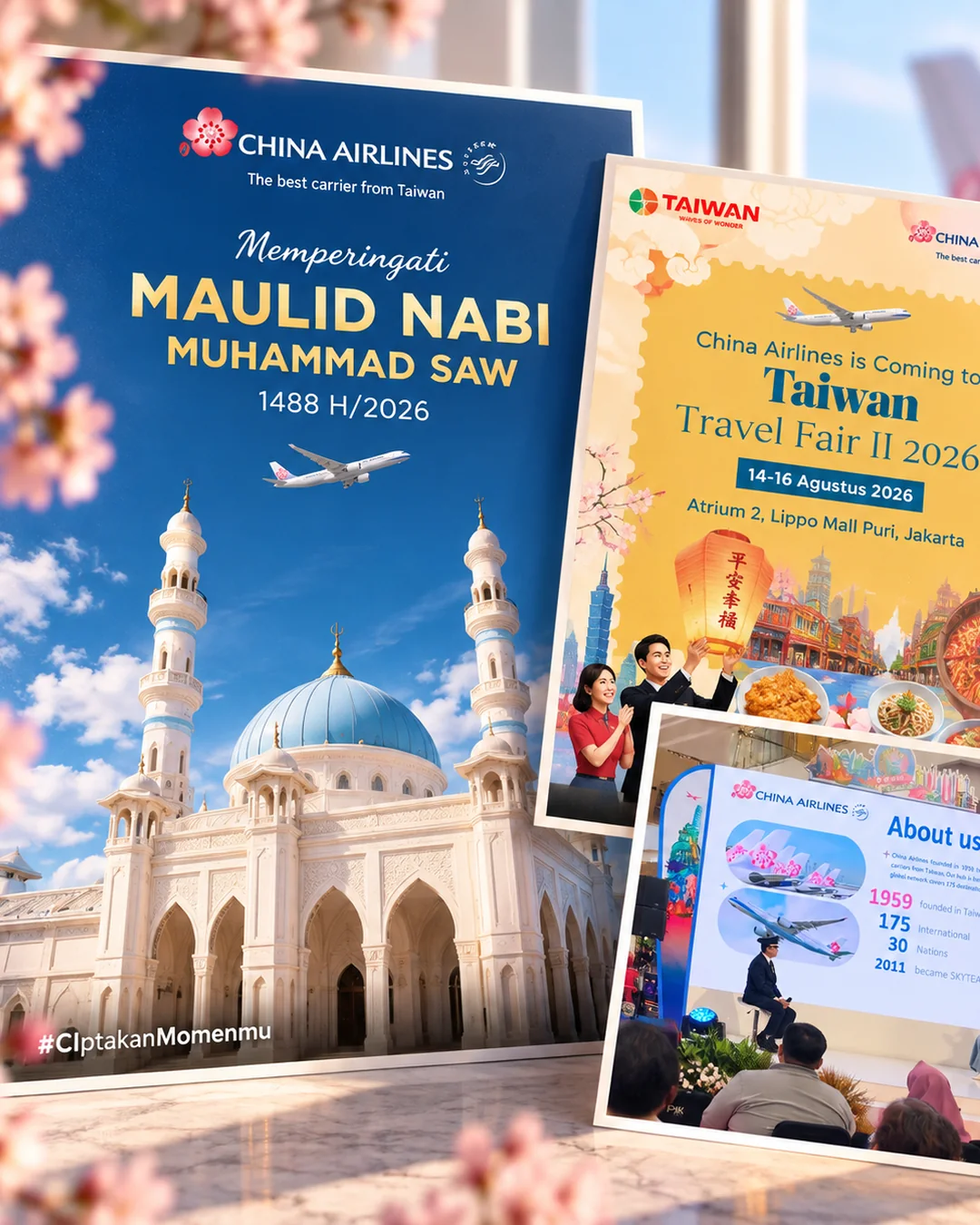 A stack of China Airlines Indonesia materials: a Maulid Nabi greeting, the Taiwan Travel Fair II 2026 announcement and an on-stage About us presentation.