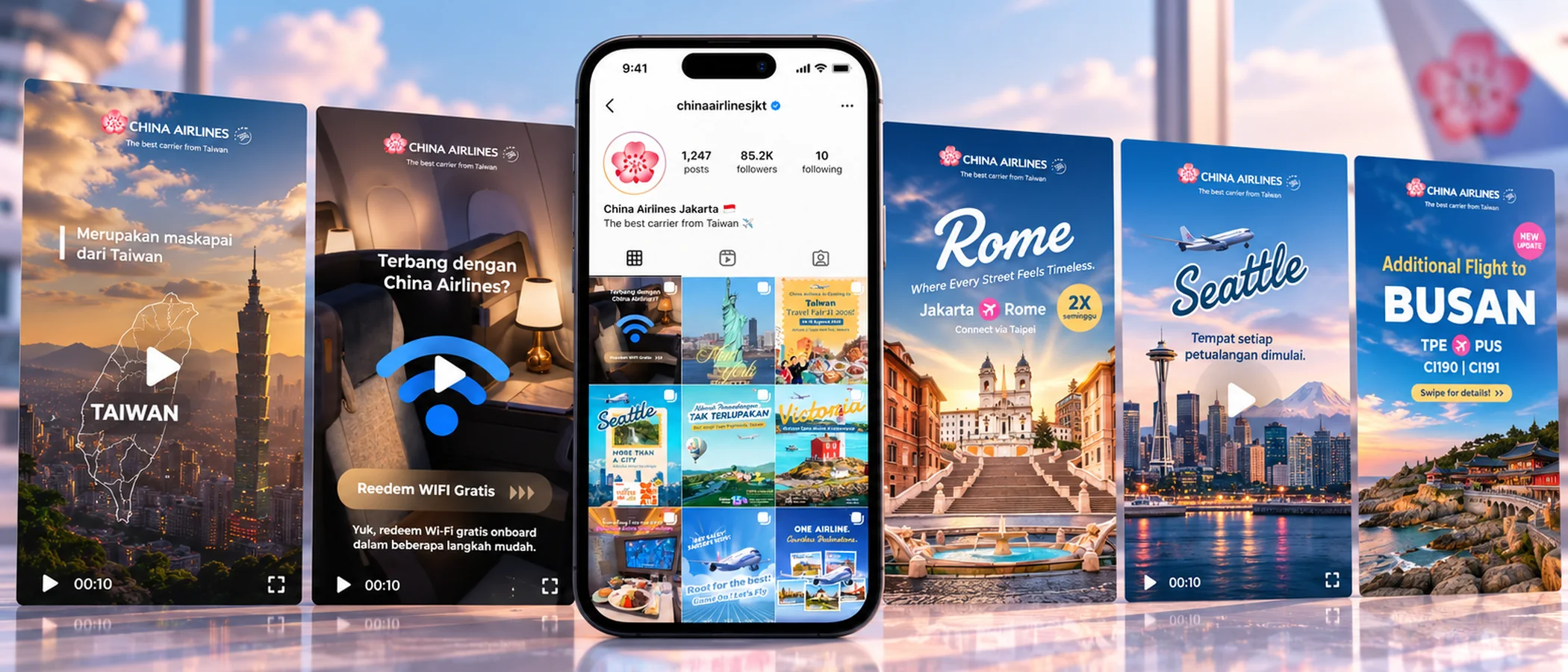 China Airlines Jakarta&rsquo;s Instagram profile on a phone, flanked by Reels and story cards for Taiwan, onboard Wi-Fi, Rome, Seattle and the new Busan route.
