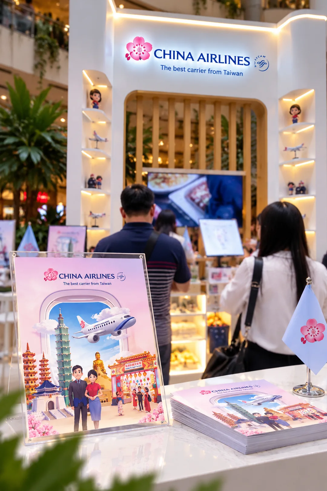 The China Airlines booth at a Jakarta mall travel fair, with a Taiwan destination poster on the counter beside a stack of matching leaflets and a table flag.