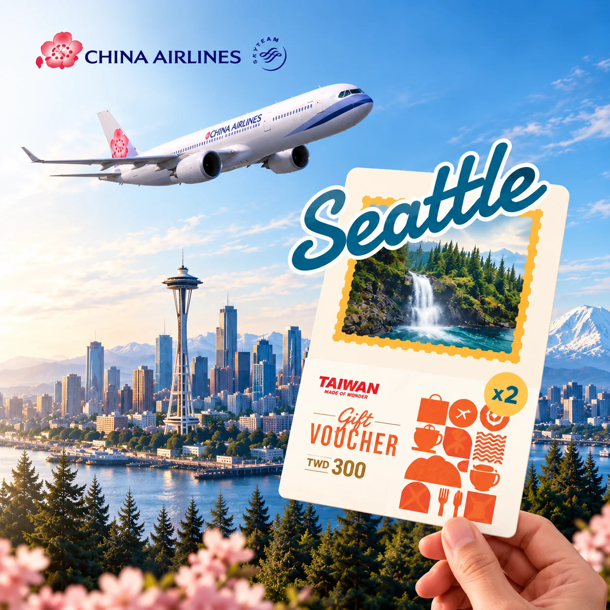 China Airlines &mdash; a China Airlines aircraft over the Seattle skyline with a hand holding a &lsquo;Seattle &mdash; More than a city&rsquo; campaign voucher.