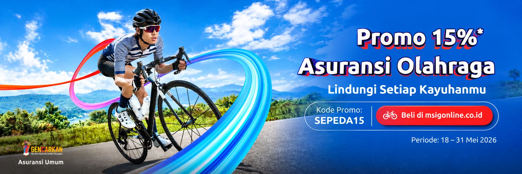 The campaign as a wide 3:1 digital banner: the cyclist on the left, a shortened &lsquo;Promo 15% Asuransi Olahraga&rsquo; headline and promo block on the right.