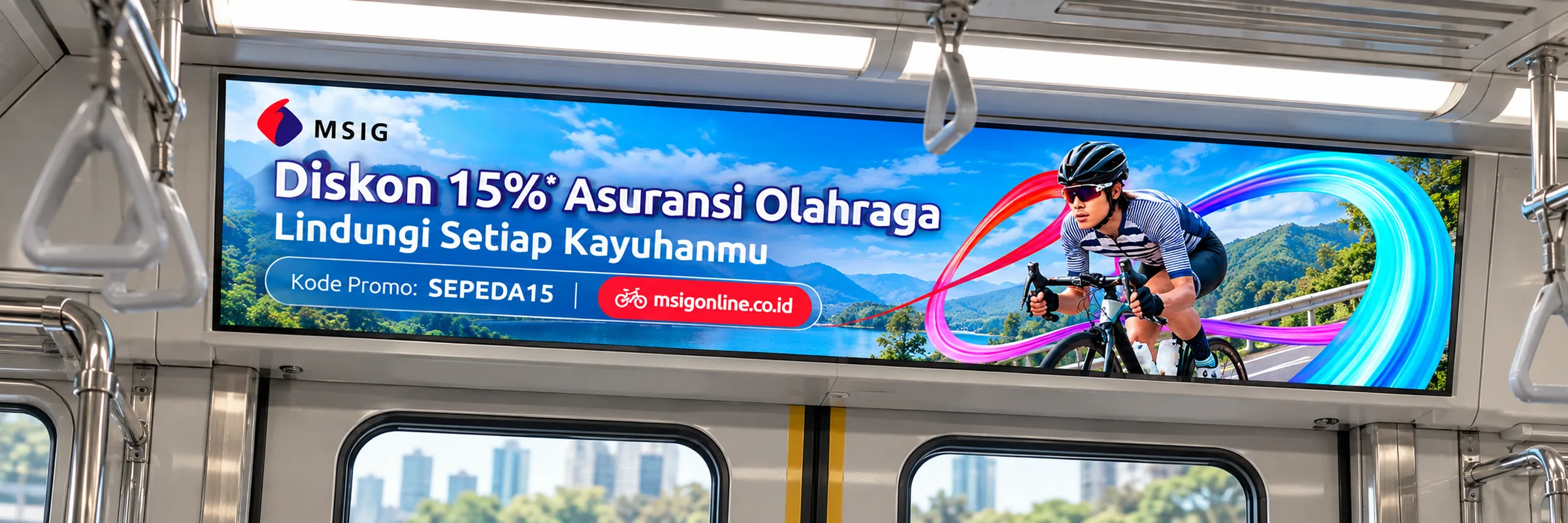 The campaign on a long screen above the doors of a Jakarta commuter train: MSIG logo and headline on the left, the promo code and site address on one line below, the cyclist on the right.