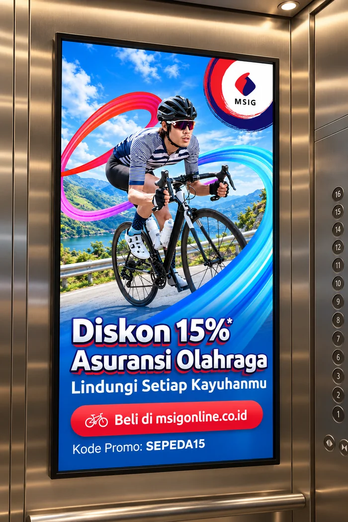 The campaign on a vertical screen inside an office lift: the cyclist filling the upper half, the message, promo button and code stacked below, with the lift floor buttons beside it.