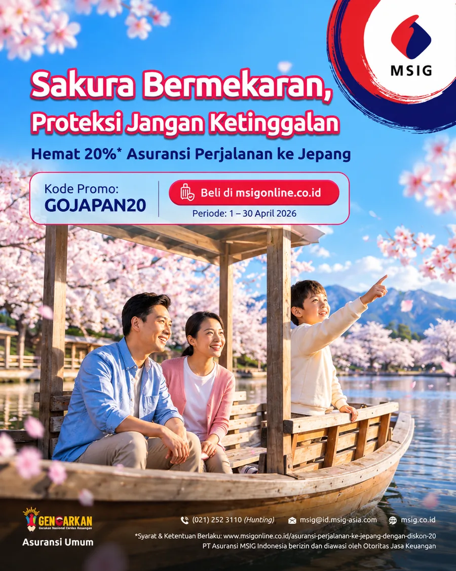 MSIG travel insurance key visual for Japan: a family in a wooden boat under cherry blossom, with the GOJAPAN20 promo code.
