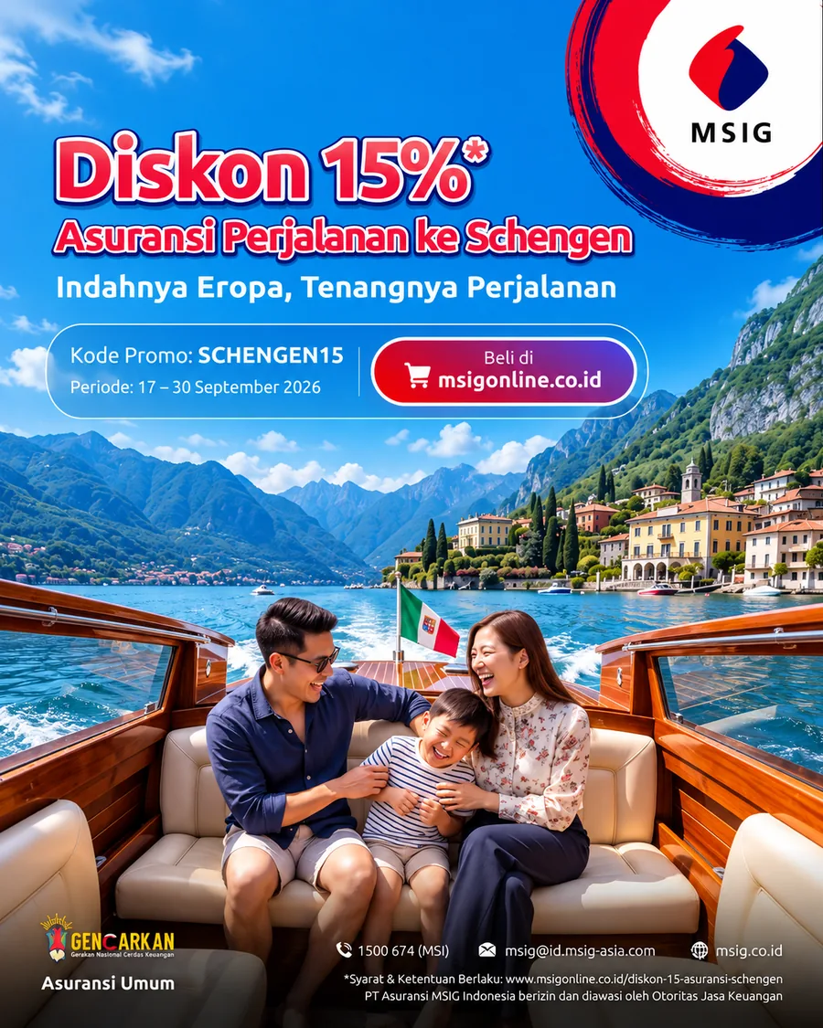 MSIG travel insurance key visual for the Schengen area: a family laughing on a wooden boat by an Italian lakeside town, with the SCHENGEN15 promo code.