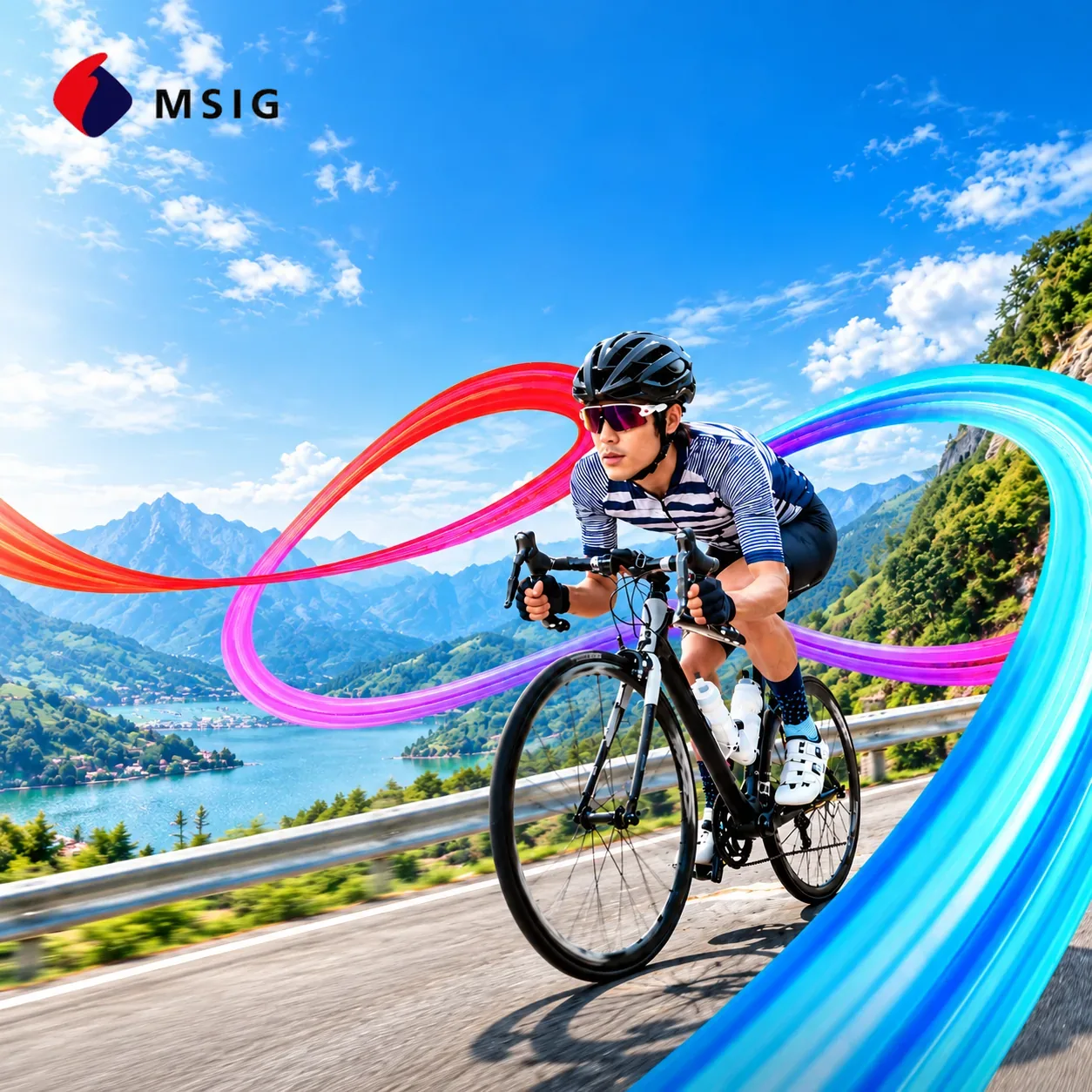 MSIG &mdash; a cyclist on a mountain road, crossed by ribbons of brand colour, with the MSIG mark at the top left.