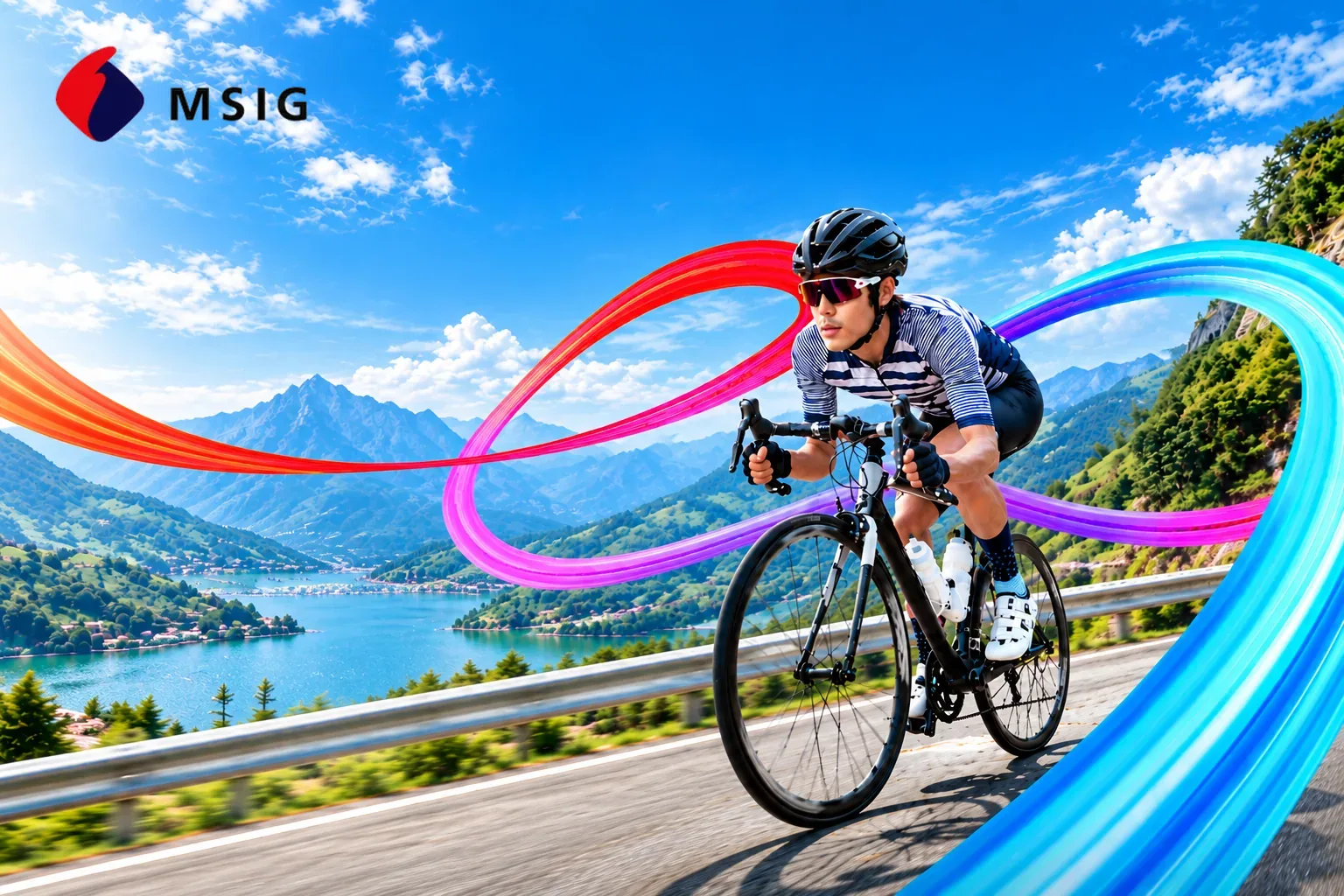 MSIG &mdash; a cyclist on a mountain road, crossed by ribbons of brand colour, with the MSIG mark at the top left.