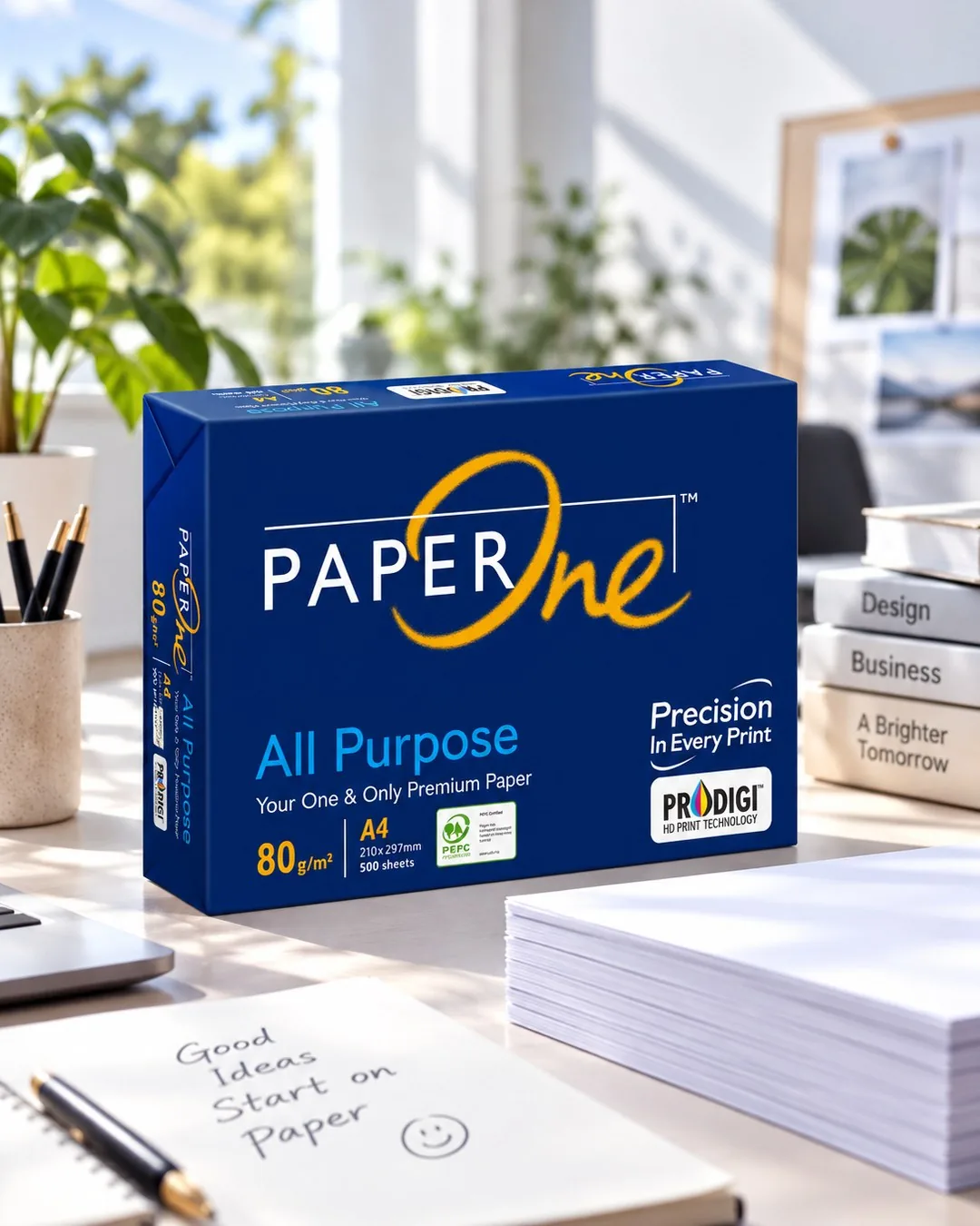 A PaperOne Digital ream above a spread of brightly printed sheets on a desk.
