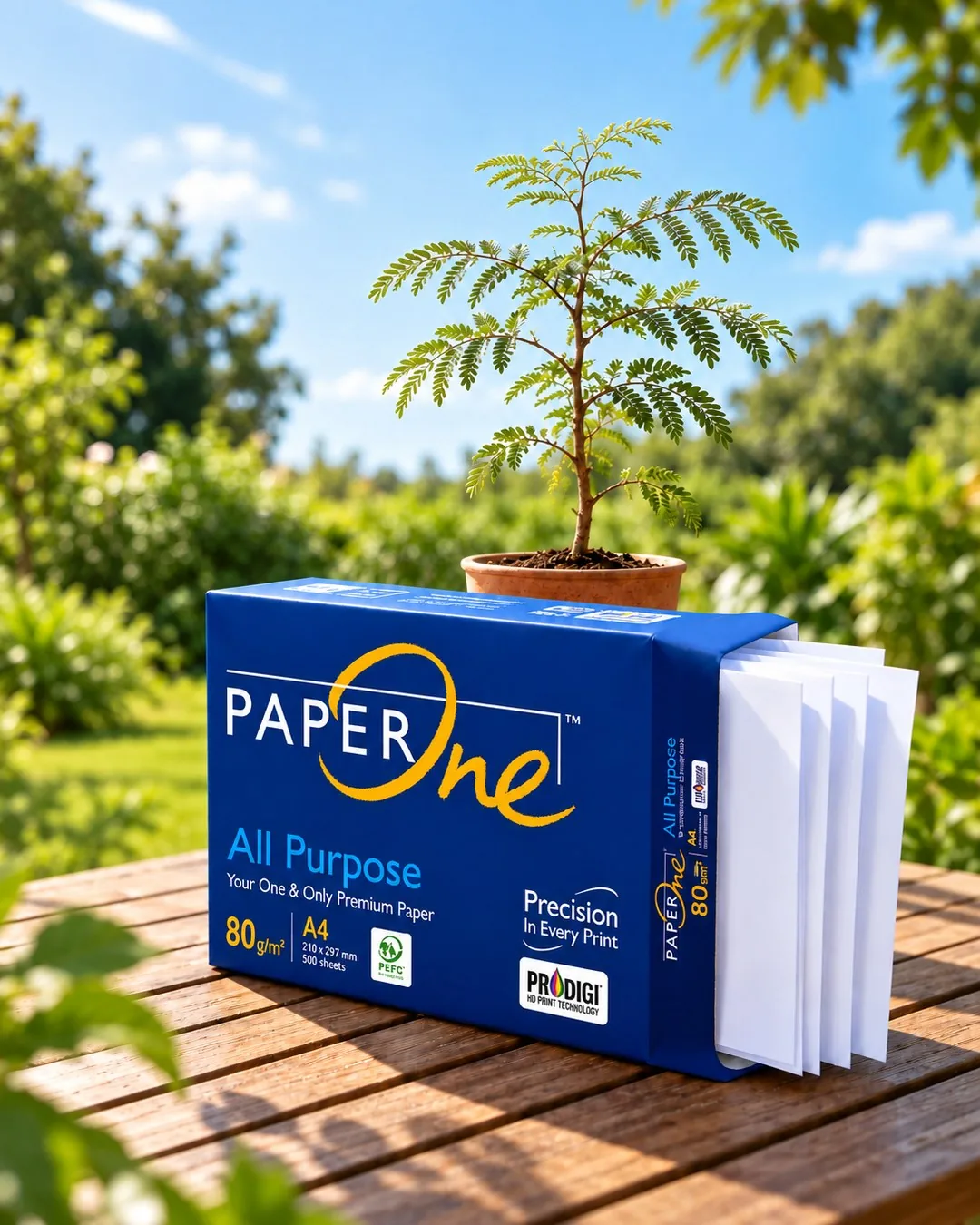 A PaperOne All Purpose ream on a garden table in front of a young tree.