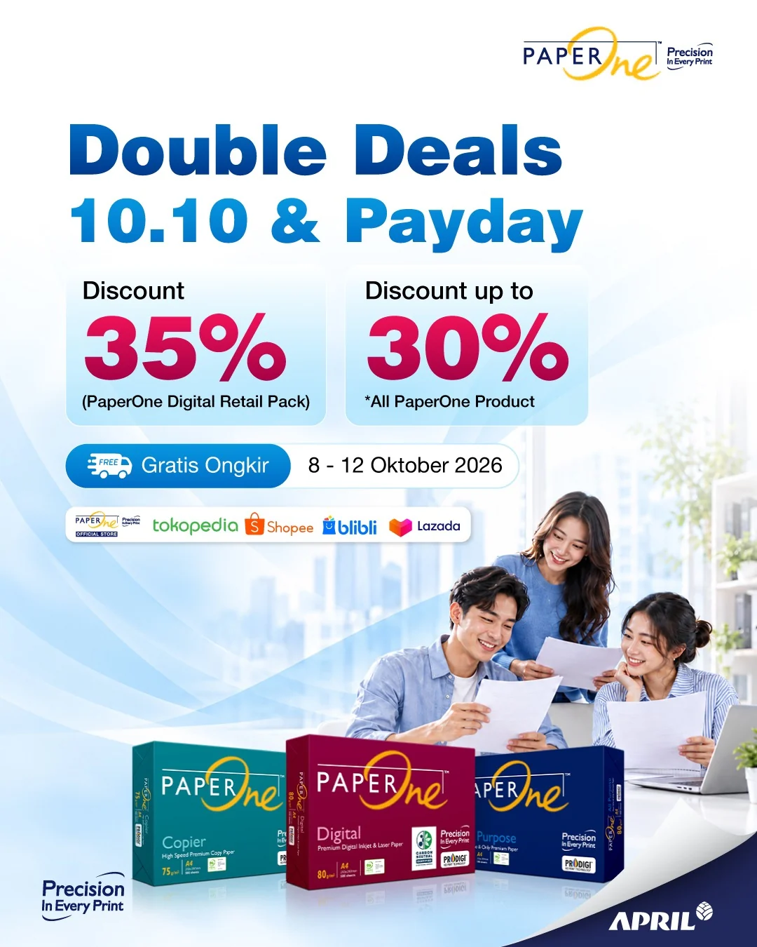 A marketplace promotion banner showing the PaperOne range across Shopee, Tokopedia, TikTok Shop, Lazada and Blibli.