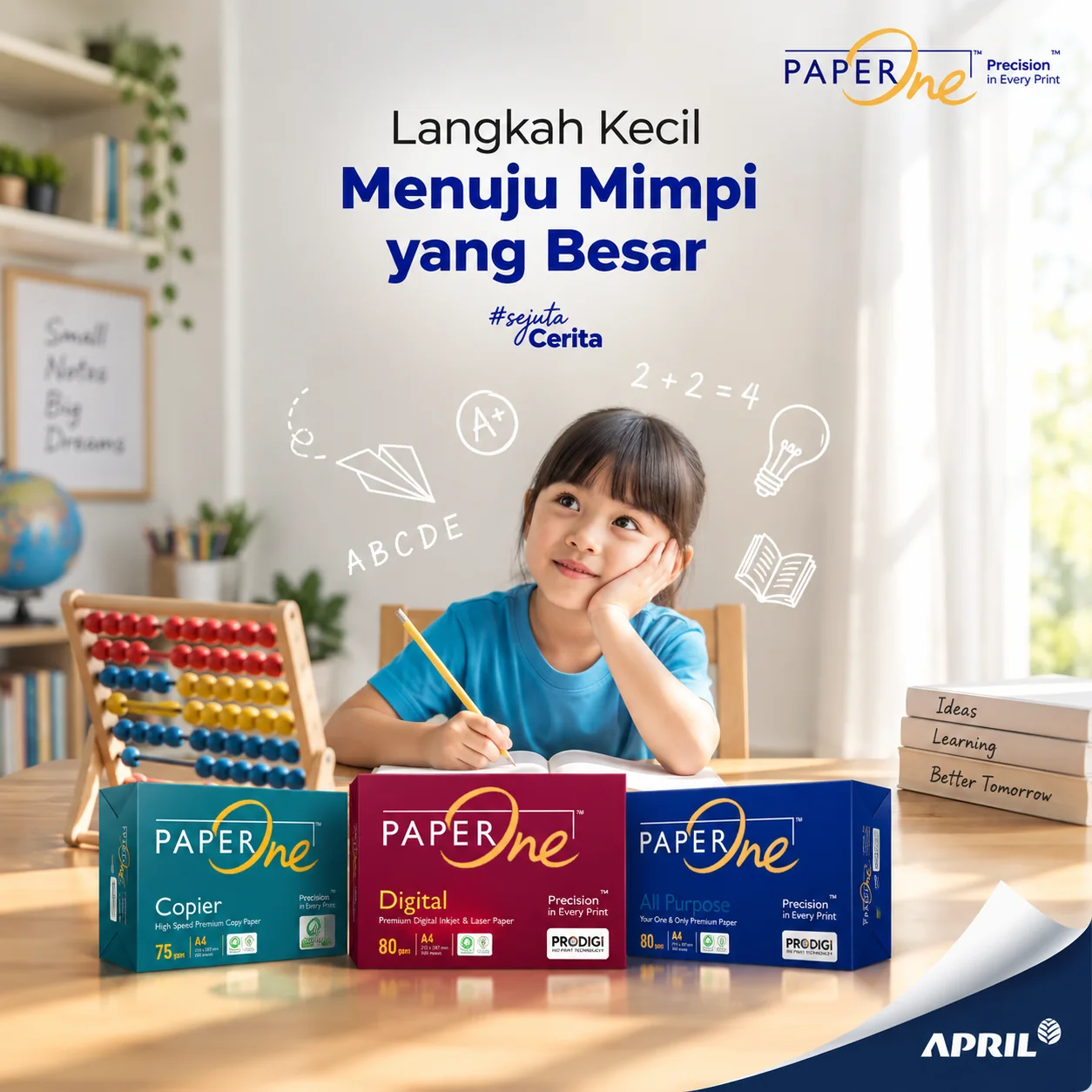 PaperOne &mdash; Langkah Kecil Menuju Mimpi yang Besar: a child at a desk with the PaperOne Copier, Digital and All Purpose reams.