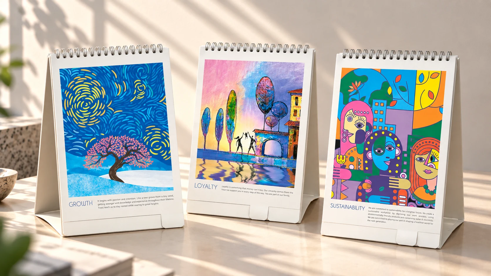 Three desk calendar spreads standing side by side, each pairing a painted illustration with a short written theme.