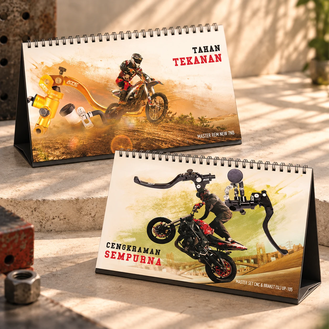 Two desk calendars for a motorcycle brake-component brand, each pairing a product shot with a rider in action.